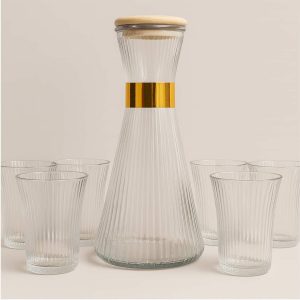 Elegantni stakleni set – Bokal sa zlatnim detaljem + 6 čaša